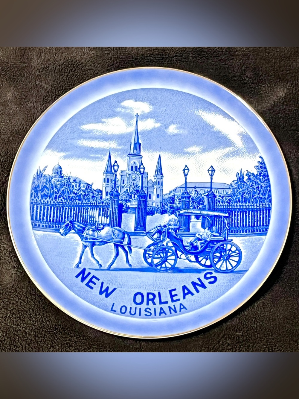 Vintage New Orleans Blue Transferware Gold Rim Plate